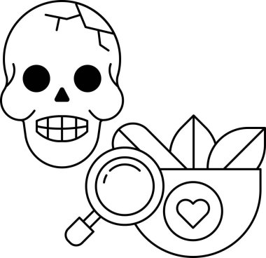 Üzerinde büyüteç olan kafatası ve çapraz kemikler. Kafatası bir kalp ve bir kase ile çevrilidir.