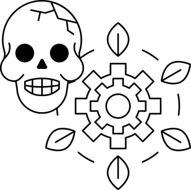 Bir kafatası dişlinin yanına çizilir. Kafatası kırılmış ve teçhizat siyah beyaz. Kafatası ve teçhizat yan yana, kafatası solda ve dişliler sağda.