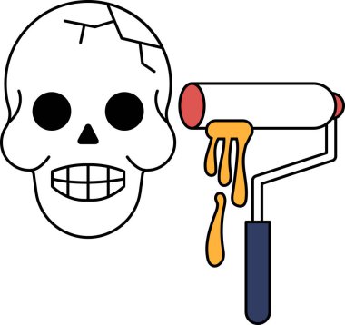 Bir kafatası bir silindirle bir duvara boyanır. Kafatası gülümsüyor ve ağzında bir diş fırçası var. Tekerlek, kafatasına sıçramış boya damlatıyor. Sahne neşeli ve neşeli.