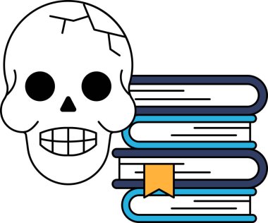 Bir yığın kitabın yanına bir kafatası çizilir. Kafatasının yüzünde, kafatasının kasvetli doğasıyla çelişen bir gülümseme vardır. Kitaplar üst üste yığılıp ağırlık hissi yaratıyor.