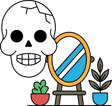 Bir kafatası bir ayna ve bir bitkinin yanındaki masada oturuyor. Kafatasının yüzünde bir gülümseme var, bu bir kafatası için alışılmadık bir şey. Ayna beyaz bir sınırla çevrilidir.