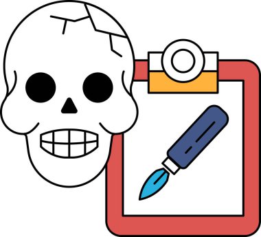 Kalemle birlikte bir kafatası panonun üzerinde. Kafatası siyah beyaz çizilmiş.