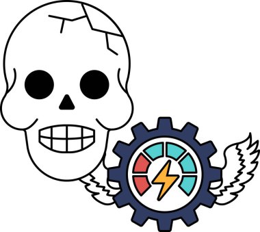 Yanında teçhizat olan bir kafatası. Kafatası gülümsüyor ve vites siyah.