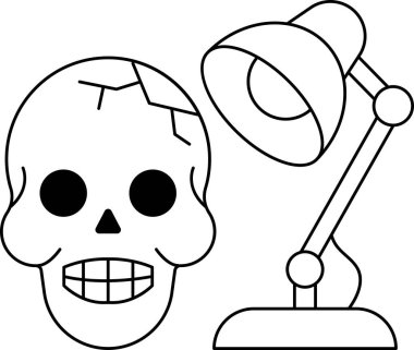 Yüzünde bir gülümsemeyle bir kafatası çizilir. Kafatasının yanına bir lamba çizilir.