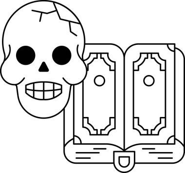 Açık bir kitabın üzerinde bir kafatası oturuyor. Kafatasının yüzünde bir gülümseme var ve kitap üzerinde dolar işareti olan bir sayfayı açıyor. Gizem ve entrika kavramı