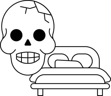 Kafatası yastıklı bir yatağın üzerinde. Kafatasının yüzünde bir gülümseme var. Yatak yapılmamış.