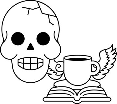 Bir kafatası bir fincan kahve ve bir kitabın yanında bir masanın üzerinde oturuyor. Kafatasının yüzünde bir gülümseme var, bu da resme neşeli ve mizahi bir hava veriyor.