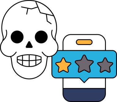 Gülen suratlı ve üç yıldızlı bir kafatası. Kafatası gülümsüyor ve üzerinde üç yıldız var.