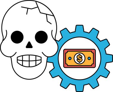 Üstünde bir dolarlık banknot olan bir kafatası. Kafatası bir teçhizatla çevrili. Kafatası ve dolar banknotları siyah ve beyaz.