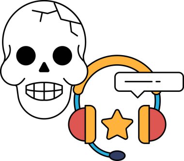 Yüzünde gülümseme olan bir kafatası kulaklık takıyor ve kafatasının sağ tarafında bir yıldız var.