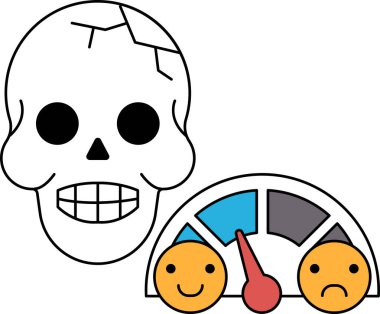 Bir kafatası ve bir araba hız göstergesi siyah beyaz çizilir. Hız göstergesi kaşlarını çatarken kafatasının yüzünde bir gülümseme var. Mizah anlayışı ve hafiflik.