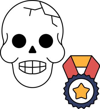 Boynunda madalya olan bir kafatası. Kafatası gülümsüyor ve madalya parlak. Kafatası ve madalya birlikte zafer ve zafer hissi yaratır.