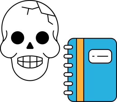 Bir kafatası gülümsüyor ve dişleri görünüyor. Kafatasının yanında bir kitap var.