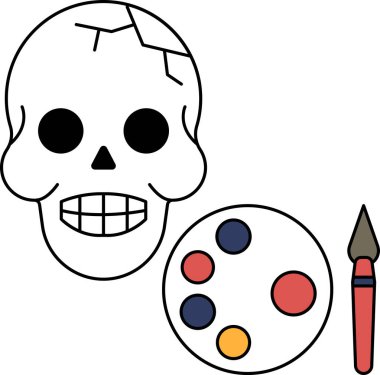 Bir kafatası bir boya fırçası ve bir palet boya ile çizilir. Kafatası boya çemberiyle çevrili ve fırça kafatasına dayanıyor. Yaratıcılık ve sanatsal ifade kavramı