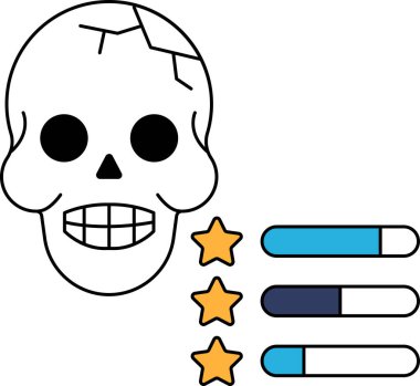 Yıldızlı bir kafatası ve bir dizi rakam. Kafatası gülümsüyor ve etrafında yıldızlar var. Rakamlar üst üste ve kafatasının altında.