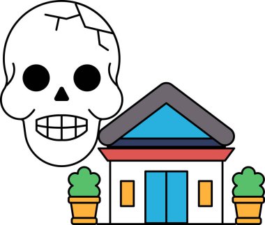 Evin önünde bir kafatası var. Kafatası kırılmış ve ağzı açık. Ev beyaz ve bir sürü penceresi var.