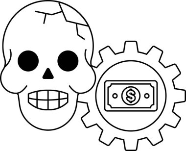 Üstünde bir dolarlık banknot olan bir kafatası. Kafatası bir teçhizatla çevrili. Kafatası ve dolar banknotları siyah ve beyaz.