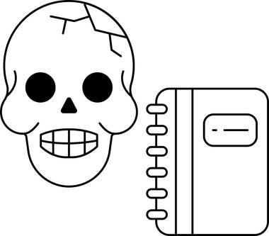 Bir kafatası gülümsüyor ve dişleri görünüyor. Kafatasının yanında bir kitap var.