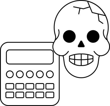 Kafatası hesap makinesinin yanındadır. Kafatası kırılmış ve hesap makinesi siyah beyaz.