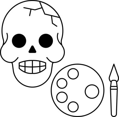 Bir kafatası bir boya fırçası ve bir palet boya ile çizilir. Kafatası boya çemberiyle çevrili ve fırça kafatasına dayanıyor. Yaratıcılık ve sanatsal ifade kavramı