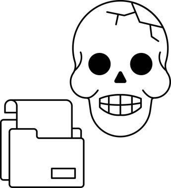 Bir kafatası gülümsüyor ve dişleri görünüyor. Bir klasörün yanında. Dosya açık ve içinde bir parça kağıt var.