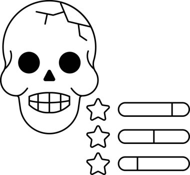 Yıldızlı bir kafatası ve bir dizi rakam. Kafatası gülümsüyor ve etrafında yıldızlar var. Rakamlar üst üste ve kafatasının altında.