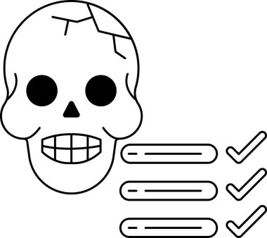 Üzerinde gülen surat ve işaret olan bir kafatası. Kafatası bir işaret ve gülen bir yüzle çevrili. Bu da ona neşeli ve neşeli bir his veriyor.