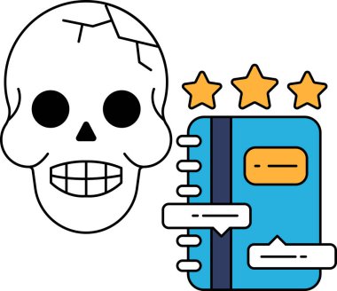 Bir kafatası üç yıldızlı bir kitabın yanındadır. Kafatası gülümsüyor ve kitap mavi.