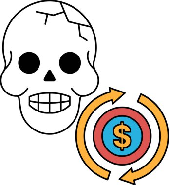 Ortasında dolar işareti olan bir kafatası. Kafatası gülümsüyor ve dolar işareti sağı gösteriyor.