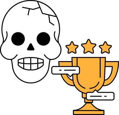 Kafatasında üç yıldızlı bir kupa var. Kafatası gülümsüyor ve kupa altın.