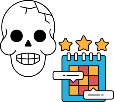 Üzerinde bir yıldız ve altında da bir takvim olan bir kafatası çizilir. Kafatası yıldızlarla çevrili ve takvim yıldızlarla dolu.