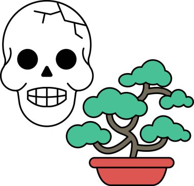 Saksı bitkisinin yanına bir kafatası çizilir. Kafatasının yüzünde bir gülümseme vardır ve beyaz bir arka planla çevrilidir. Saksı bitkisi dalları ve yaprakları olan büyük bir ağaçtır.