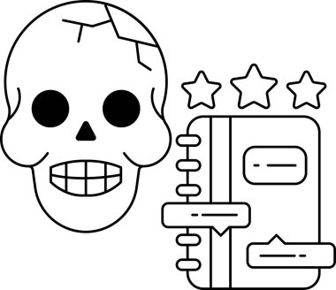 Yüzünde bir gülümsemeyle bir kafatası çizilir ve yanında bir kitap çizilir. Kafatası gülümsüyor ve kitap üç yıldızlı bir sayfayı açıyor.