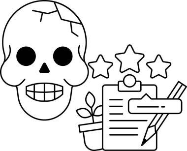 Yıldızlı bir kafatası ve bir kalem. Kafatası gülümsüyor ve yıldızlar parlıyor. Kalem kafatasının sağ tarafında.