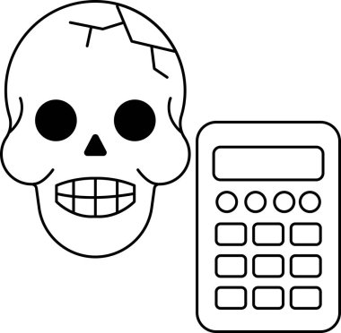 Kafatası hesap makinesinin yanındadır. Kafatasının yüzünde bir gülümseme var. Hesap makinesi siyah beyaz.