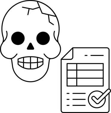 Bir kafatası gülümsüyor ve dişleri görünüyor. Kafatasının yanında işaretli bir kağıt parçası var.