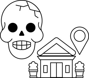 Bir ev ve binanın yanına bir kafatası çizilir. Kafatası gülümsüyor ve ağzı açık.