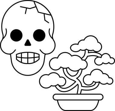 Saksı bitkisinin yanına bir kafatası çizilir. Kafatasının yüzünde bir gülümseme vardır ve beyaz bir arka planla çevrilidir. Saksı bitkisi dalları ve yaprakları olan büyük bir ağaçtır.