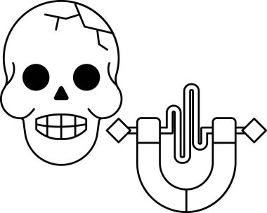 Yüzünde bir gülümsemeyle bir kafatası çizilir. Kafatasının yanına küçük, siyah bir nesne çizilir.