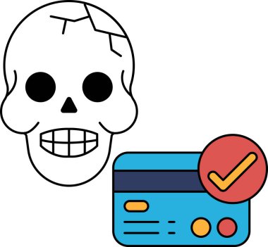 Kafatası, üzerinde çek işareti olan bir kredi kartının yanında. Kafatası kırılmış ve kredi kartı kontrol edilmiş.