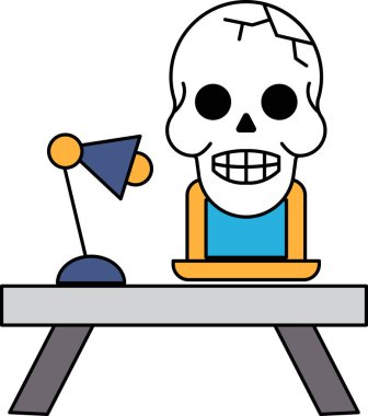 Bir kafatası bir lambanın yanındaki masada oturuyor. Kafatasının yüzünde bir gülümseme var ve kameraya bakıyor. Masada bir dizüstü bilgisayar, bir fare ve bir klavye var. Sahne bir karanlığı işaret ediyor.