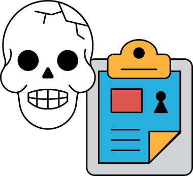 Üzerinde kağıt olan bir kafatası panonun üzerinde. Kafatası gülümsüyor ve pano açık.