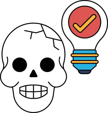 Üstünde ampul olan bir kafatası. Kafatası gülümsüyor ve ampul parlıyor. Yaratıcılık ve yenilik kavramı