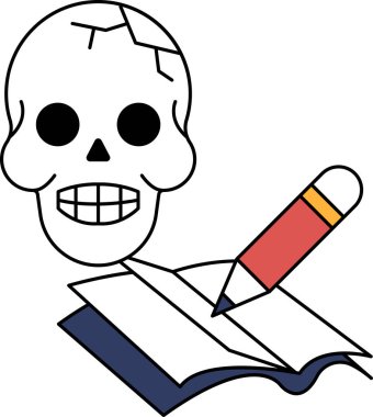 Bir kafatası bir kalem tutuyor ve bir kitabın üzerine yazıyor. Kafatasının yüzünde bir gülümseme var, bu da resme neşeli ve komik bir ton veriyor.