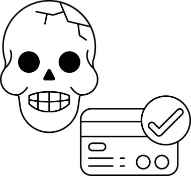 Kafatası, üzerinde çek işareti olan bir kredi kartının yanında. Kafatası kırılmış ve kredi kartı kontrol edilmiş.