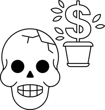 Üzerinde dolar işareti olan bir kafatası. Kafatası saksıda bir bitkiyle çevrili.