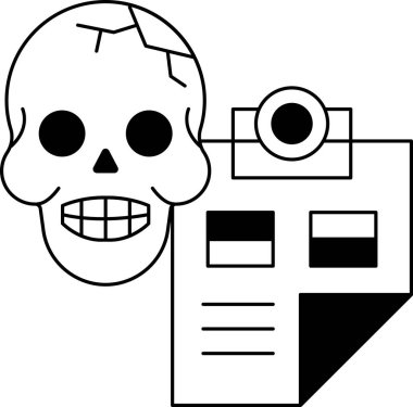 Beyaz arka planda bir kafatası, bir kamera ve bir kağıt parçasıyla. Kafatası bir çember ve bir kare ile çevrilidir.