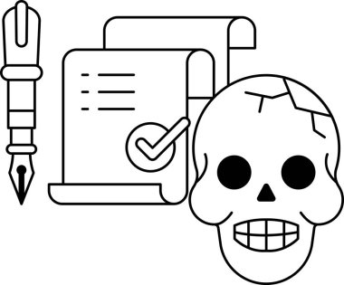 Önünde kalem ve kağıt olan bir kafatası çizilir. Kafatası gülümsüyor ve kalem kafatasını işaret ediyor.