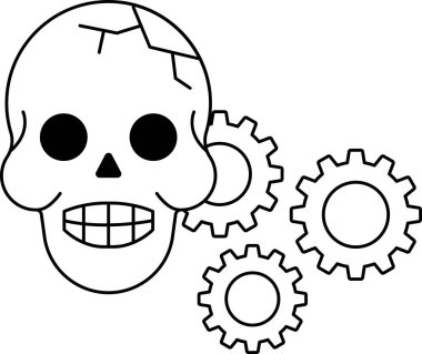 Önünde teçhizat olan bir kafatası. Kafatası gülümsüyor ve vites siyah.
