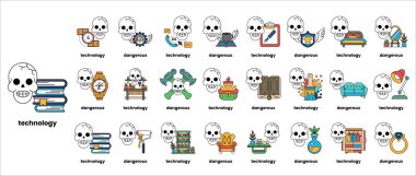 Altında teknoloji yazan kafatasları ve iskelet koleksiyonu. Kafatasları ve iskeletleri şebeke şeklinde dizilmiştir.